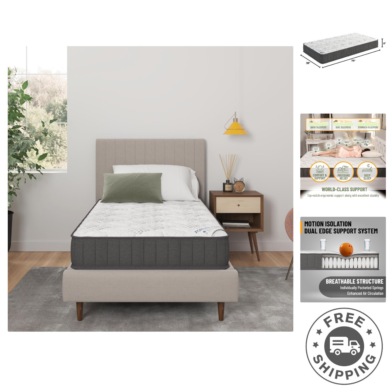 Medium-Firm Twin 9″ Hybrid Mattress with Motion Isolation for Peaceful Sleep