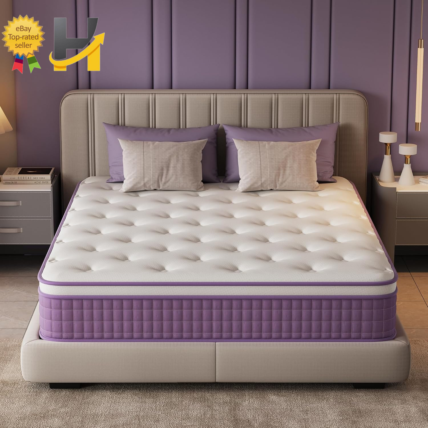 12″ Queen Mattress Purple Hybrid Mattress with Gel Memory Foam & Pocket Springs
