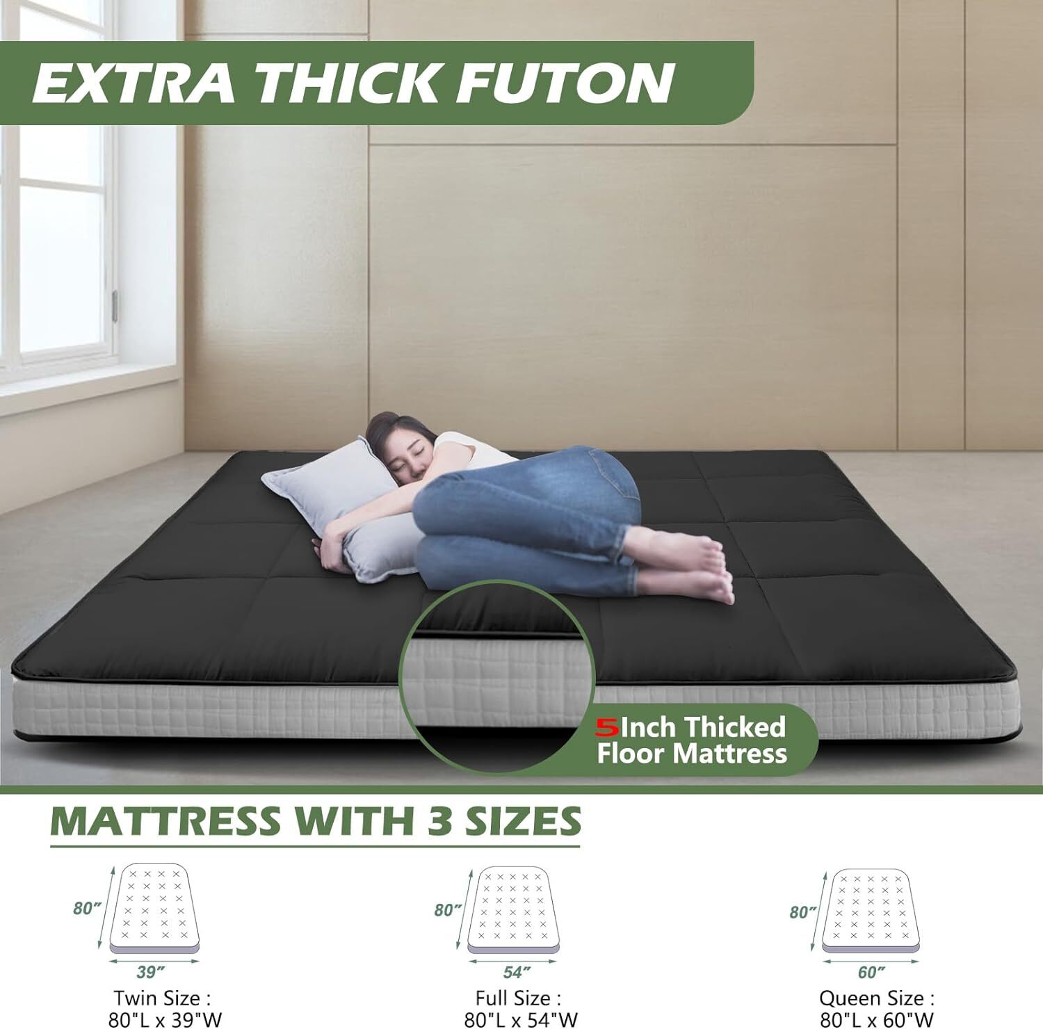 NAIZEA 5 in Thick Foldable Mattress Topper Thicken Tatami Mat Roll Up Mattress