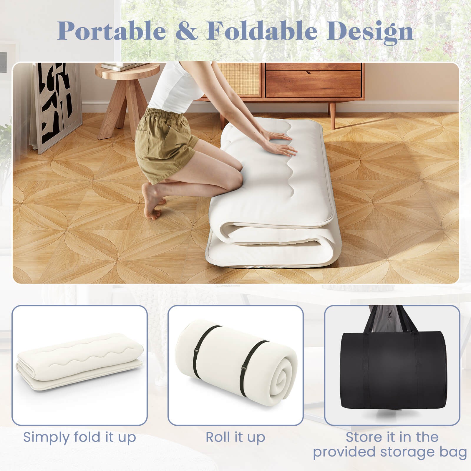 Full Futon Mattress Japanese Floor Sleeping Pad Washable Cover Carry Bag Beige