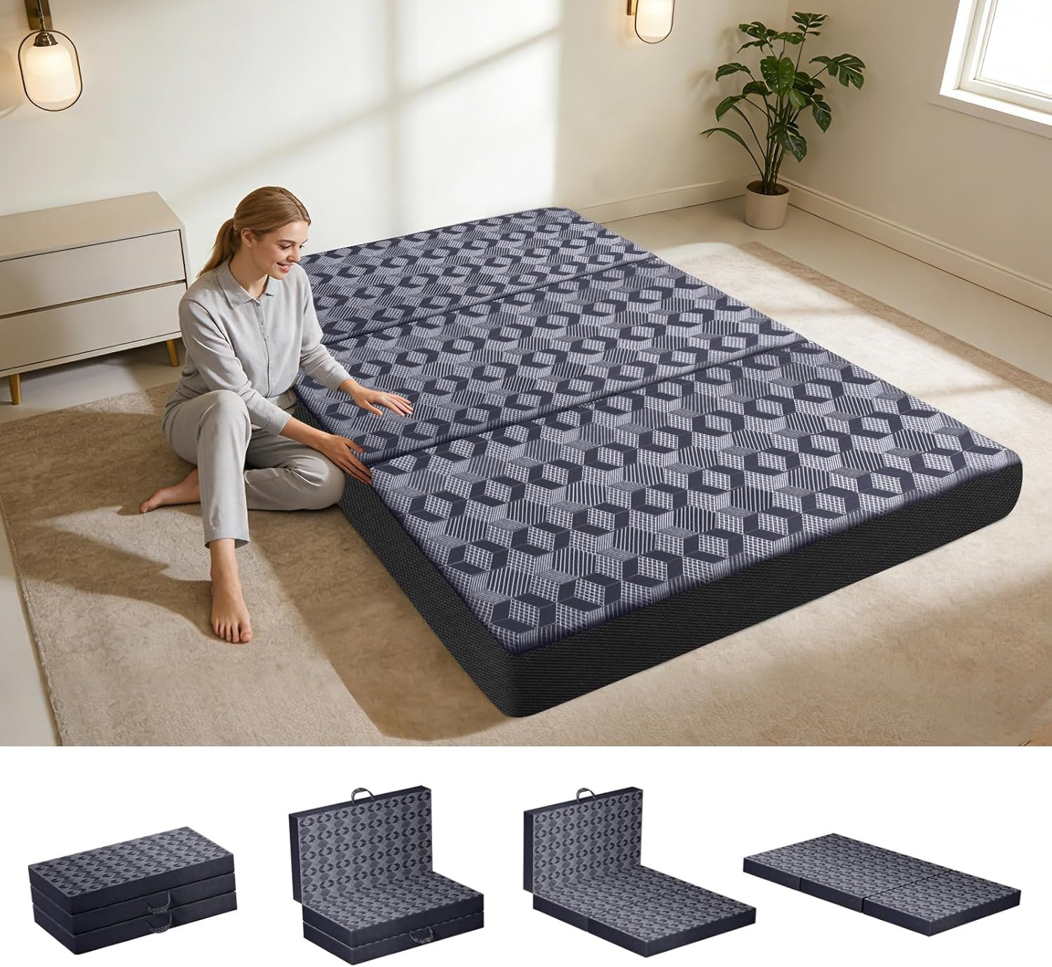 6″ Queen Tri-Fold Memory Foam Mattress Topper with Washable Cover – Dark Grey