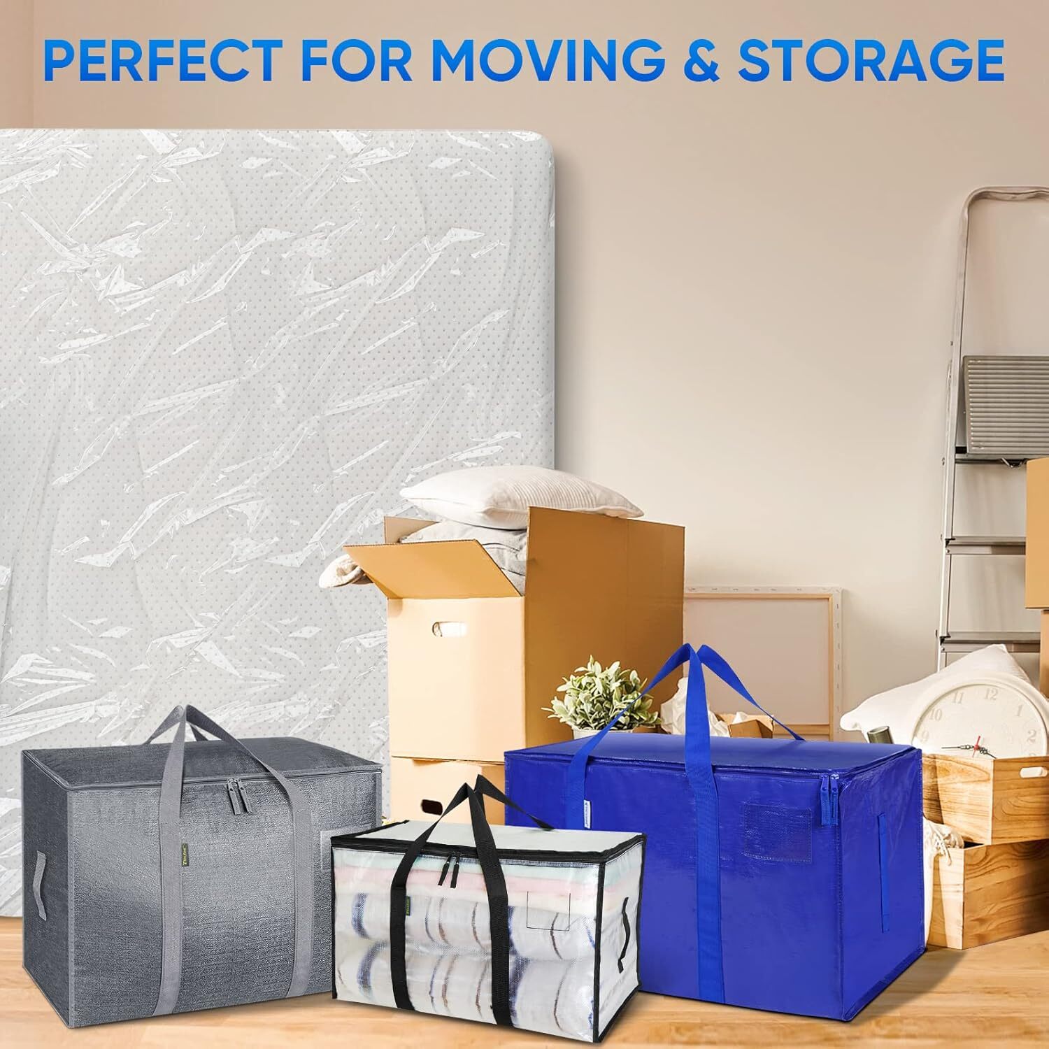 TICONN 2PK Plastic Mattress Bag for Moving Storage, Waterproof Queen, White