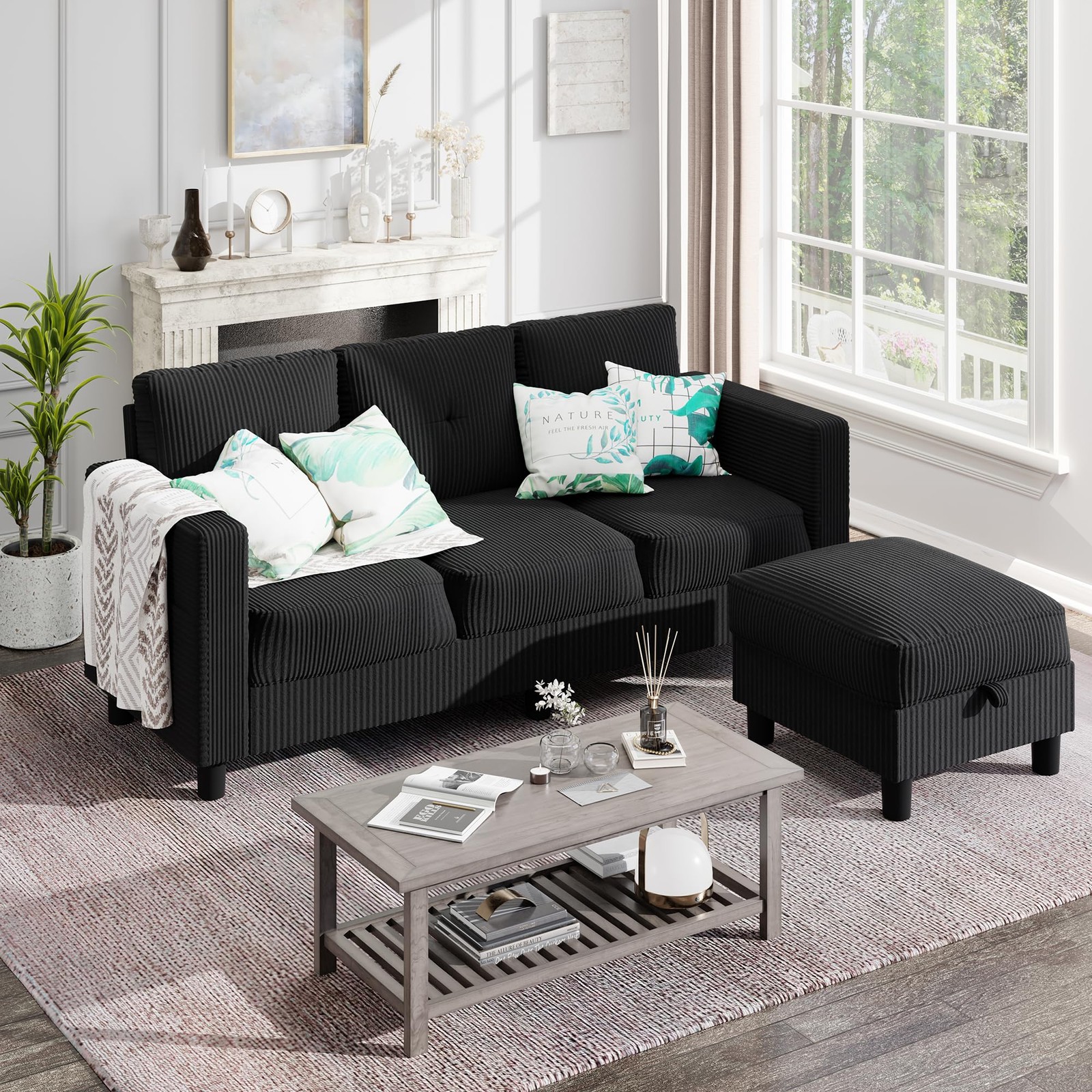 Shintenchi Modern Upholstered Sectional Sofa, L-Shaped Couch with Black