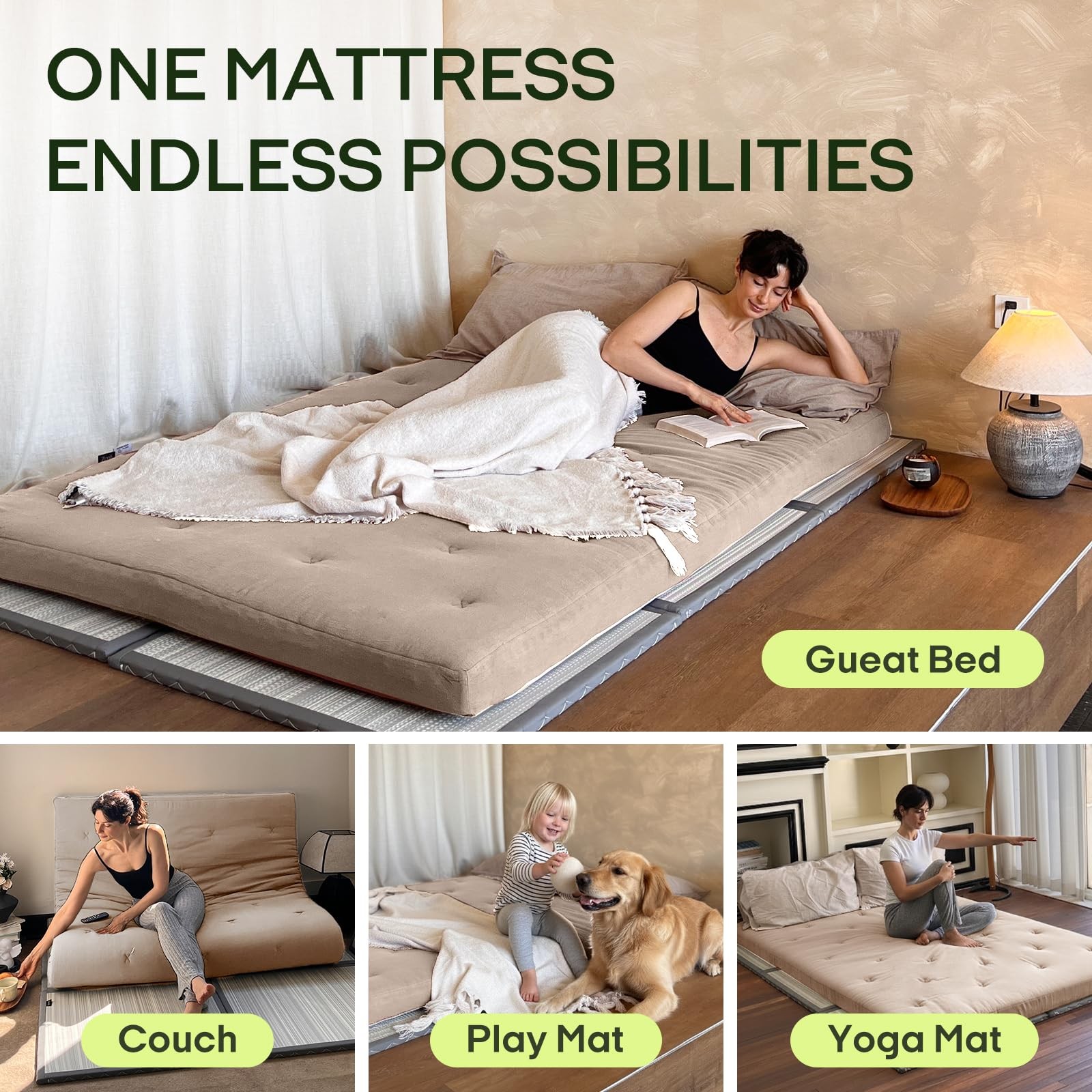 Japanese Floor Futon Mattress Queen Size 80″x 60″, 100% Cotton Cover 2.5” Th…