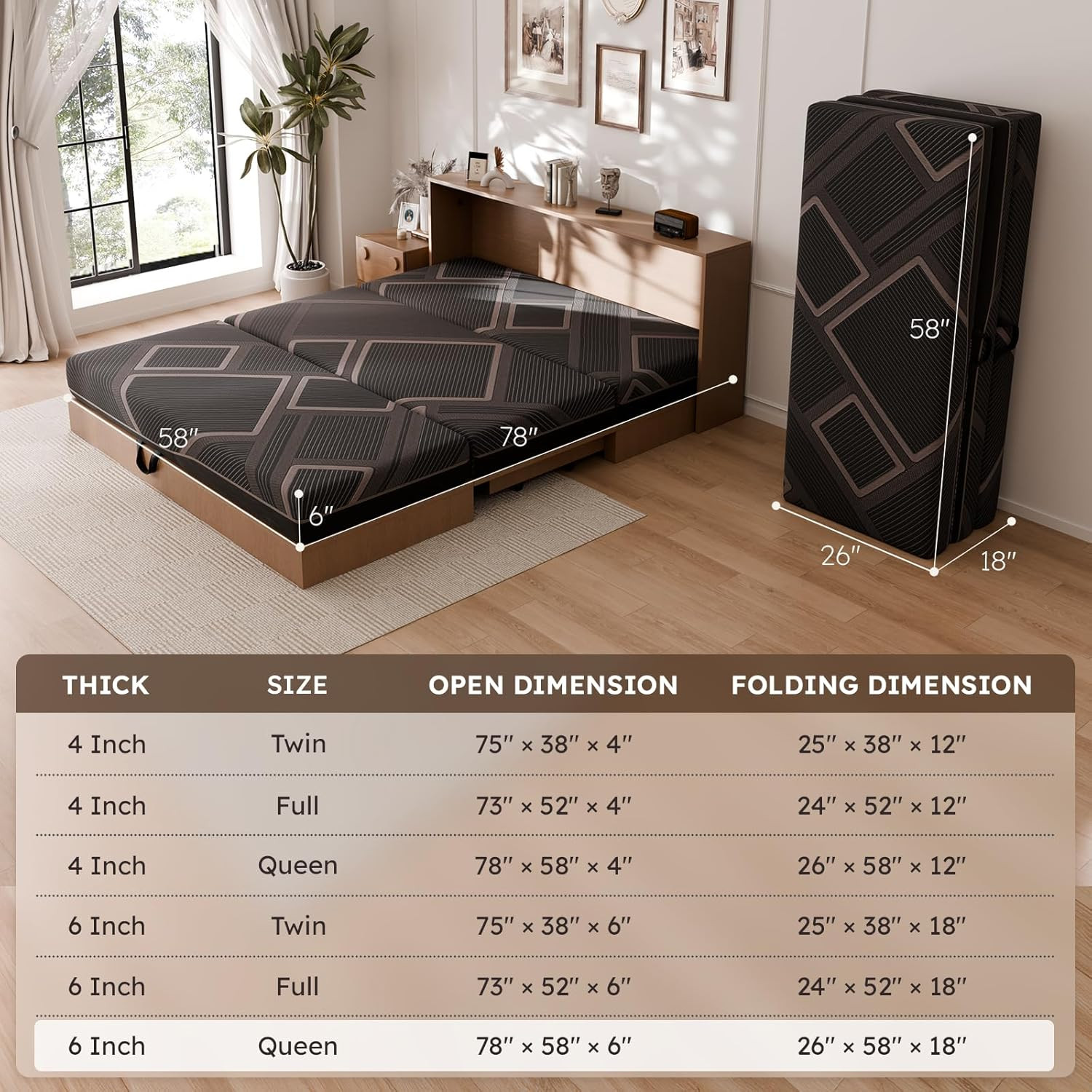 Queen Size 6″ Trifold Memory Foam Mattress – Portable, Washable, Easy Store