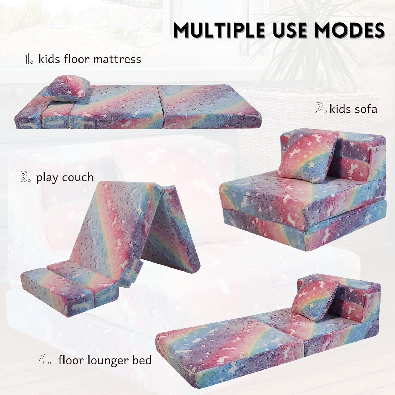 Glow Rainbow Unicorn Tri-fold Sofa Bed for Kids, Foldable Futon Mattress, Cha…