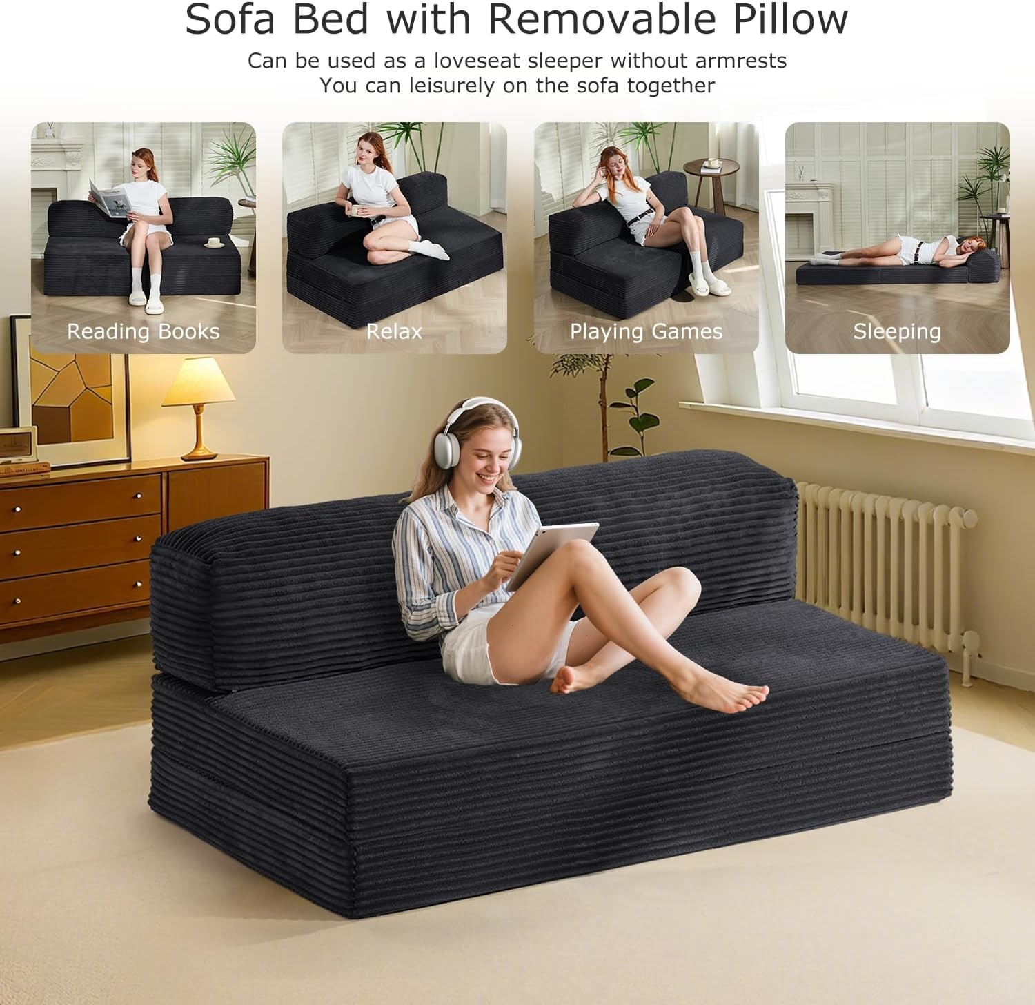 6-inch Convertible Sofa Bed, Foldable Floor Bed Sleeping Couch with