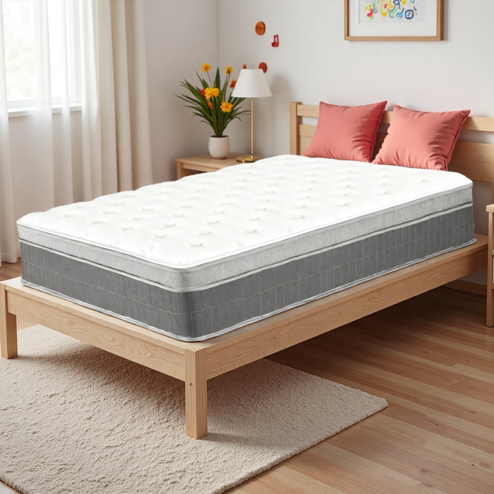 Twin Hybrid Mattress 12″ – Memory Foam Medium Firm Breathable Gray Trim