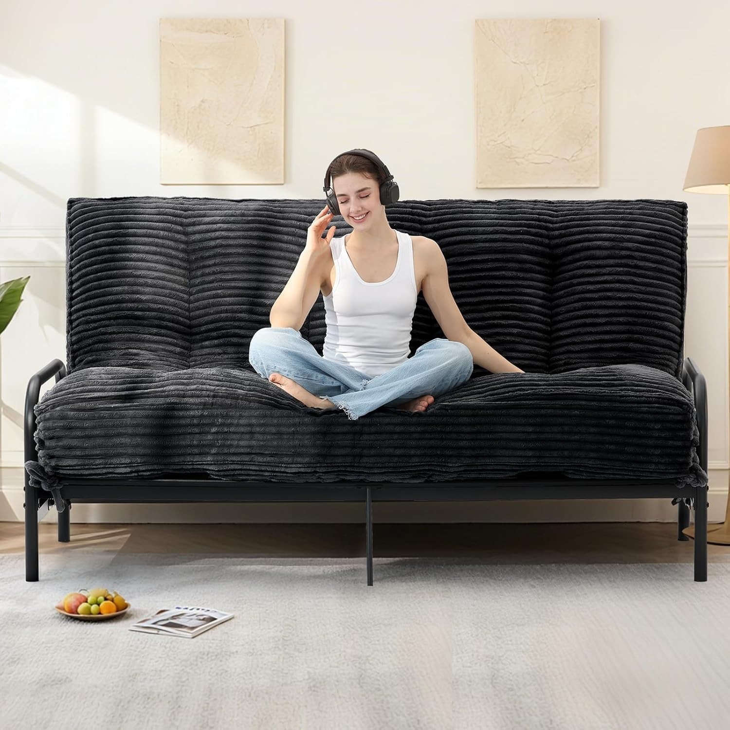 10″ Futon Mattress Queen Size Futons Sofa Couch Bed with Straps Thick Corduroy