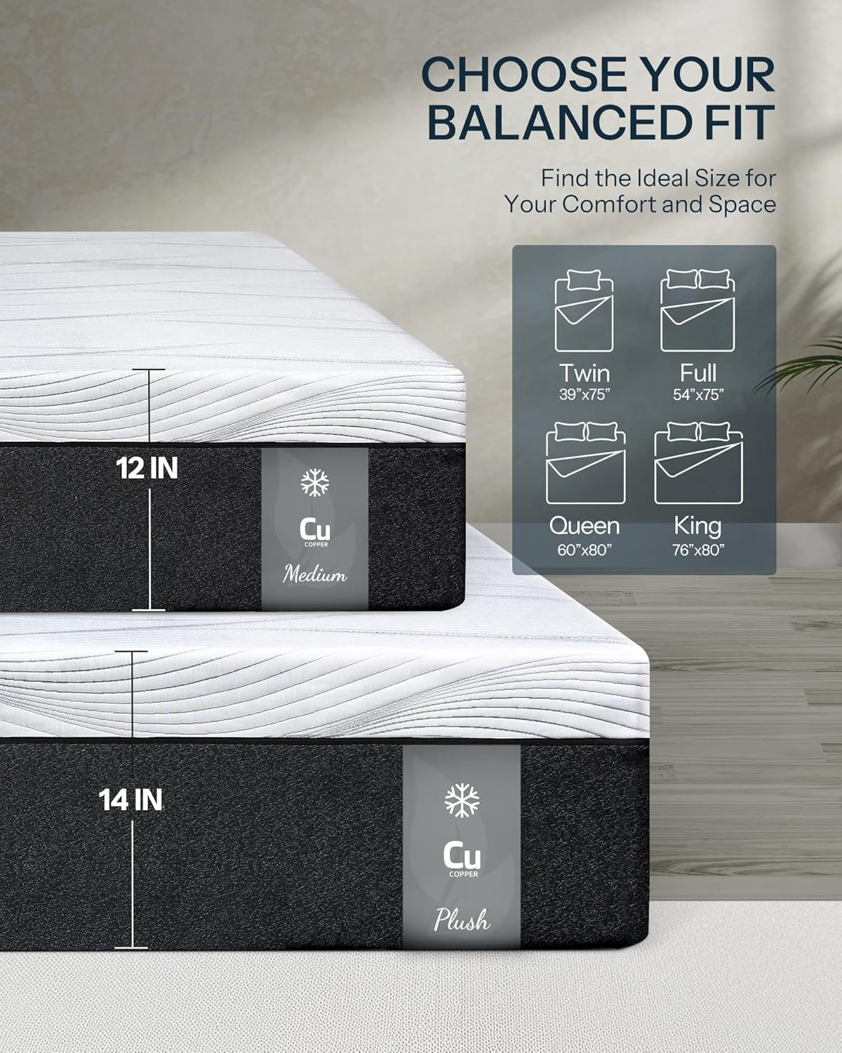 14″ Hybrid Twin Mattress – Plush Copper Gel Foam & Pocket Coils, USA Made