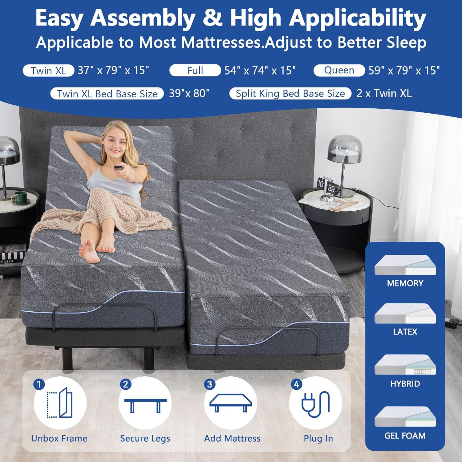 Split King Adjustable Bed Frame & 12″ Gel Memory Foam Mattress with Remote