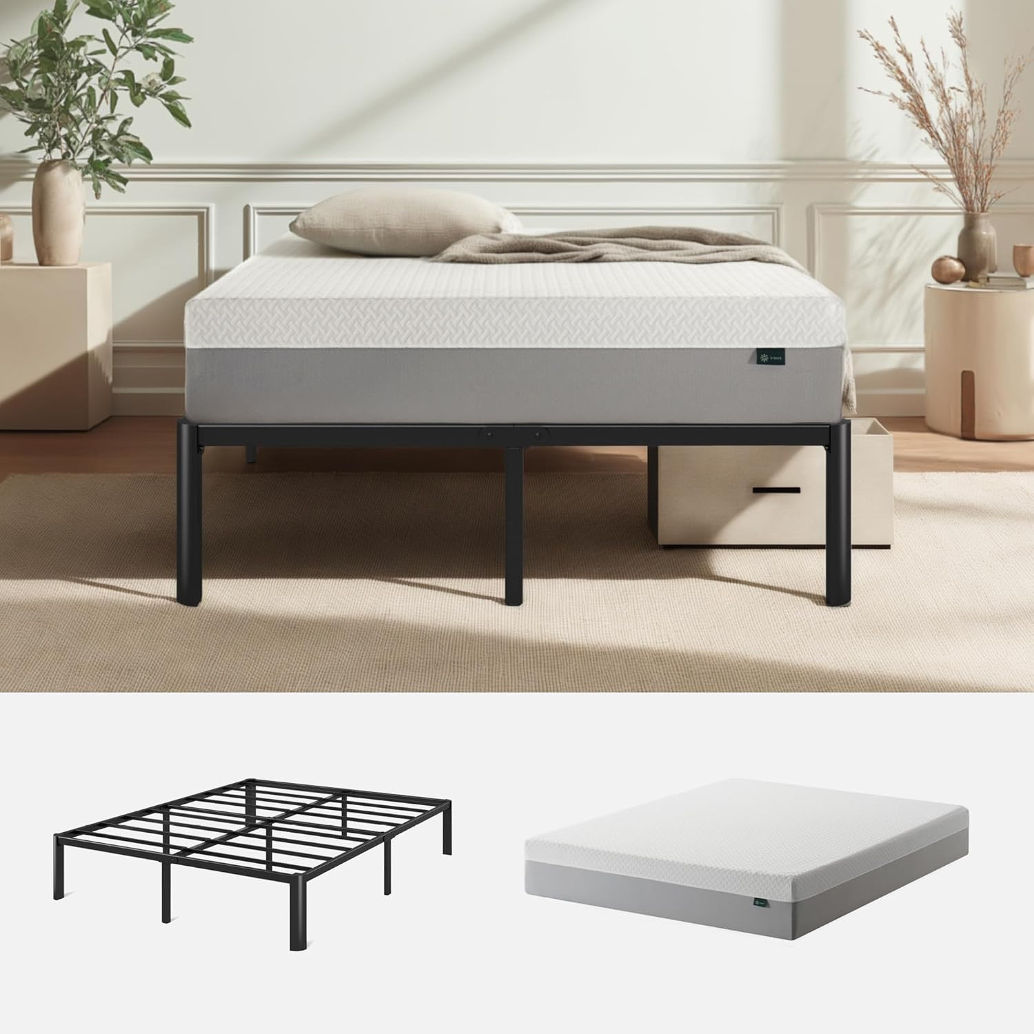 12″ Green Tea Memory Foam Mattress & 16″ Metal Platform Bed Bundle, Full
