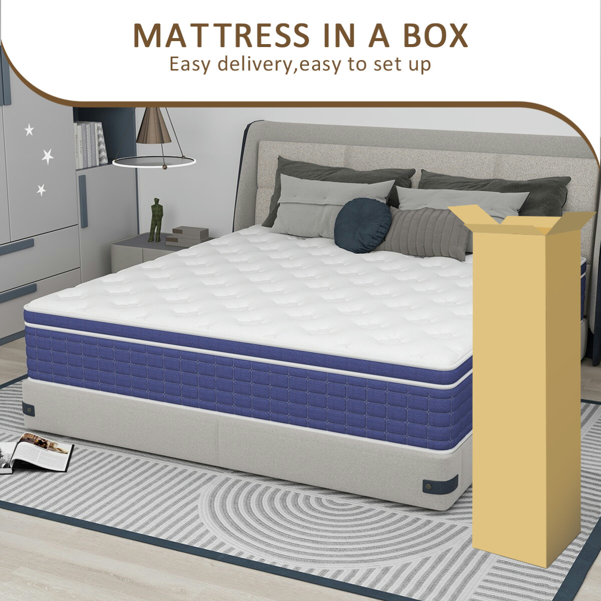 12″ 14″ Gel Memory Foam Mattress Pocket Spring Twin Full Queen King Bed in a Box