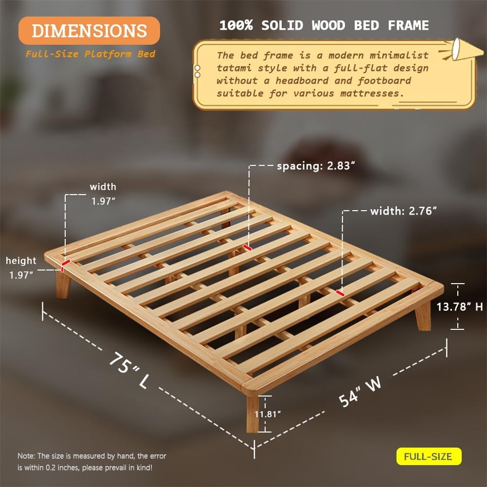 Full Platform Bed Base – 14 Inch Solid Wood Mattr Foundat with