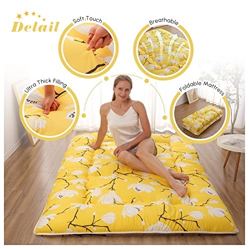 Japanese Floor Mattress, Queen（80″L x 60″W） Yellow Flower ( 4″th + Dust Cover ）