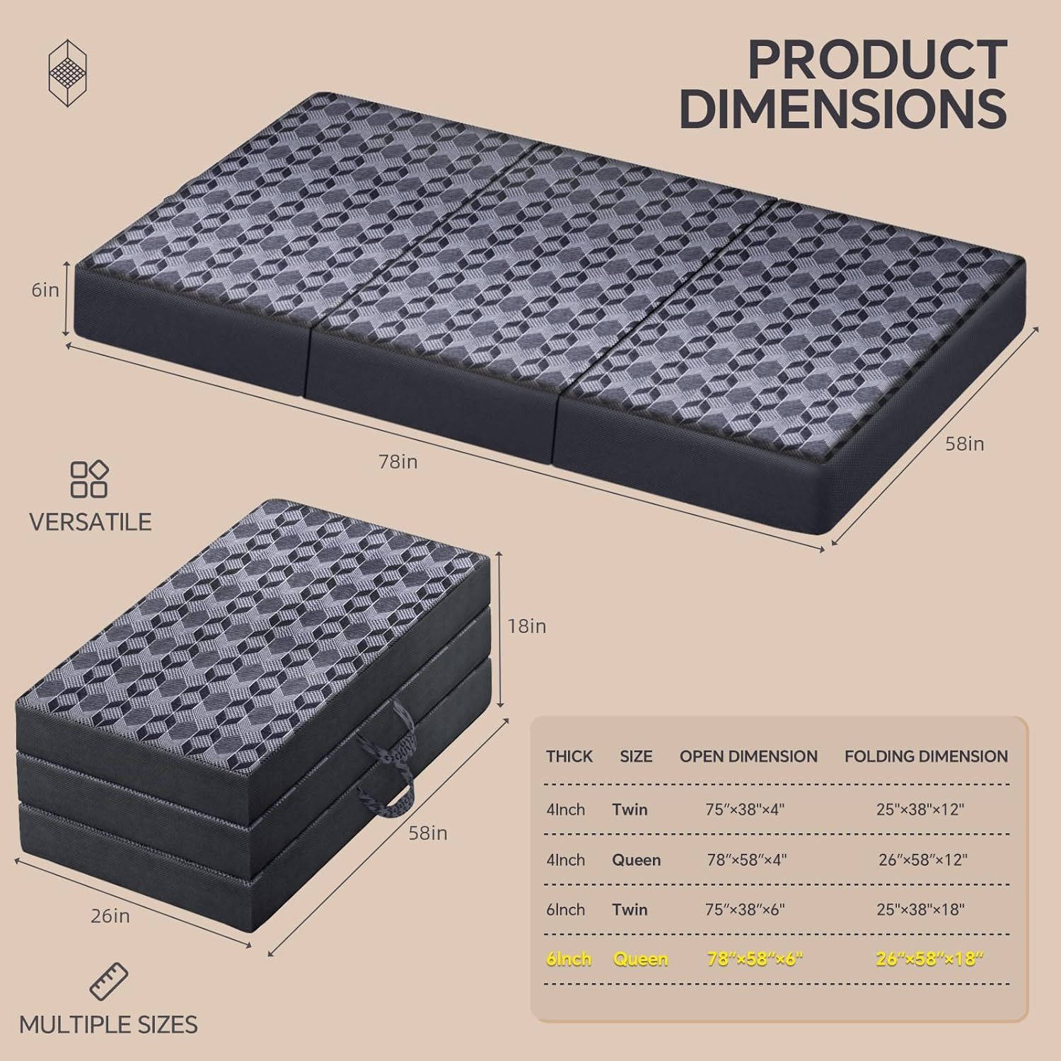 6″ Queen Tri-Fold Memory Foam Mattress Topper with Washable Cover – Dark Grey