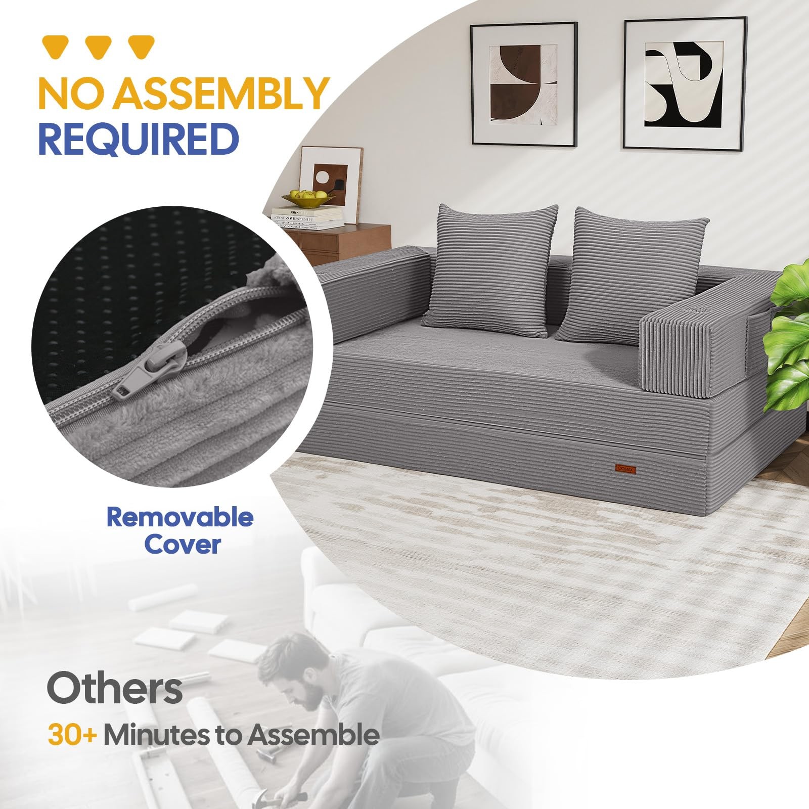 COMAX Futon Sofa Bed, 4‑in‑1 Convertible L-Shaped Loveseat, Light Grey