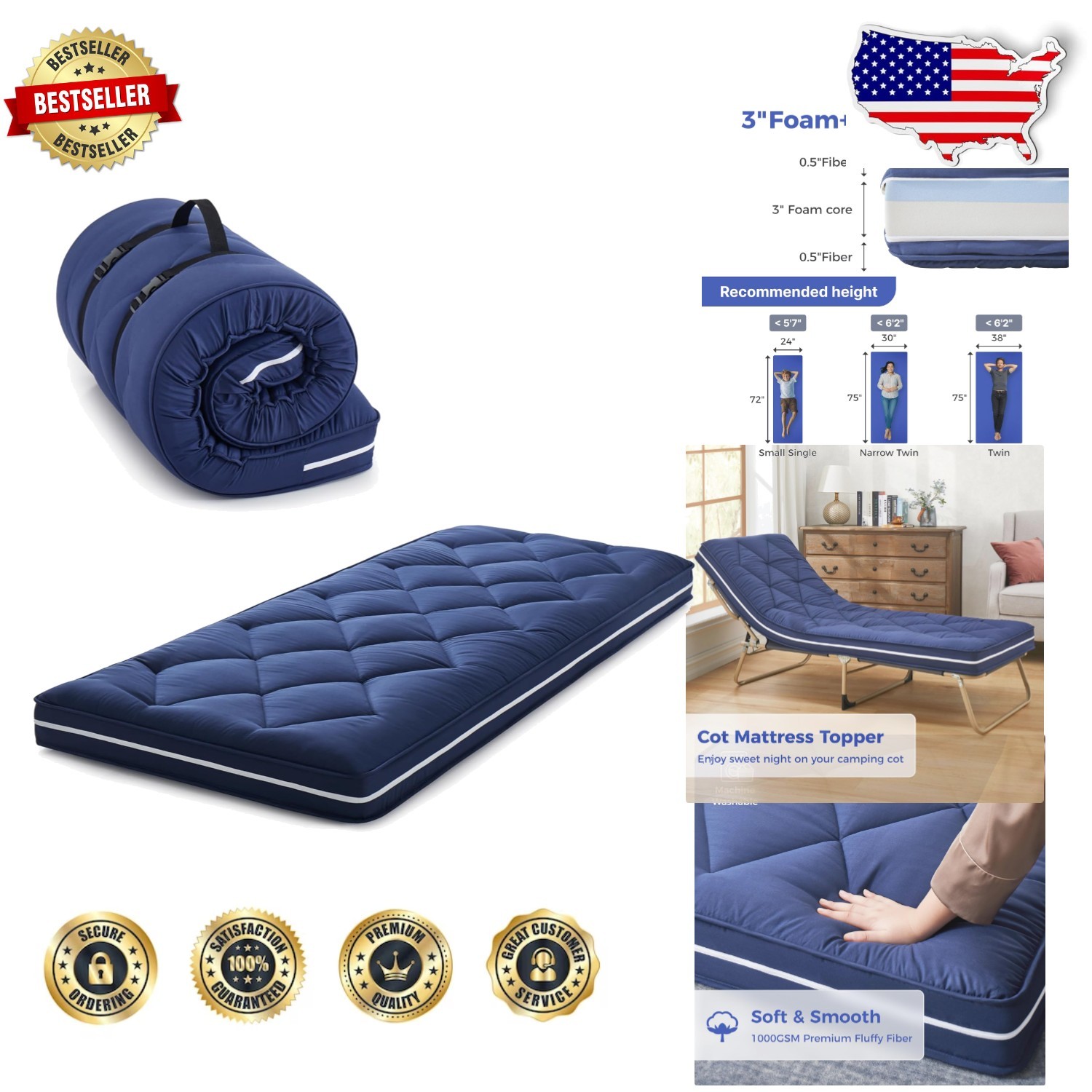 Safe & Durable 4″ Cot Mattress Topper | Gel Memory Foam | Machine Washable Cover