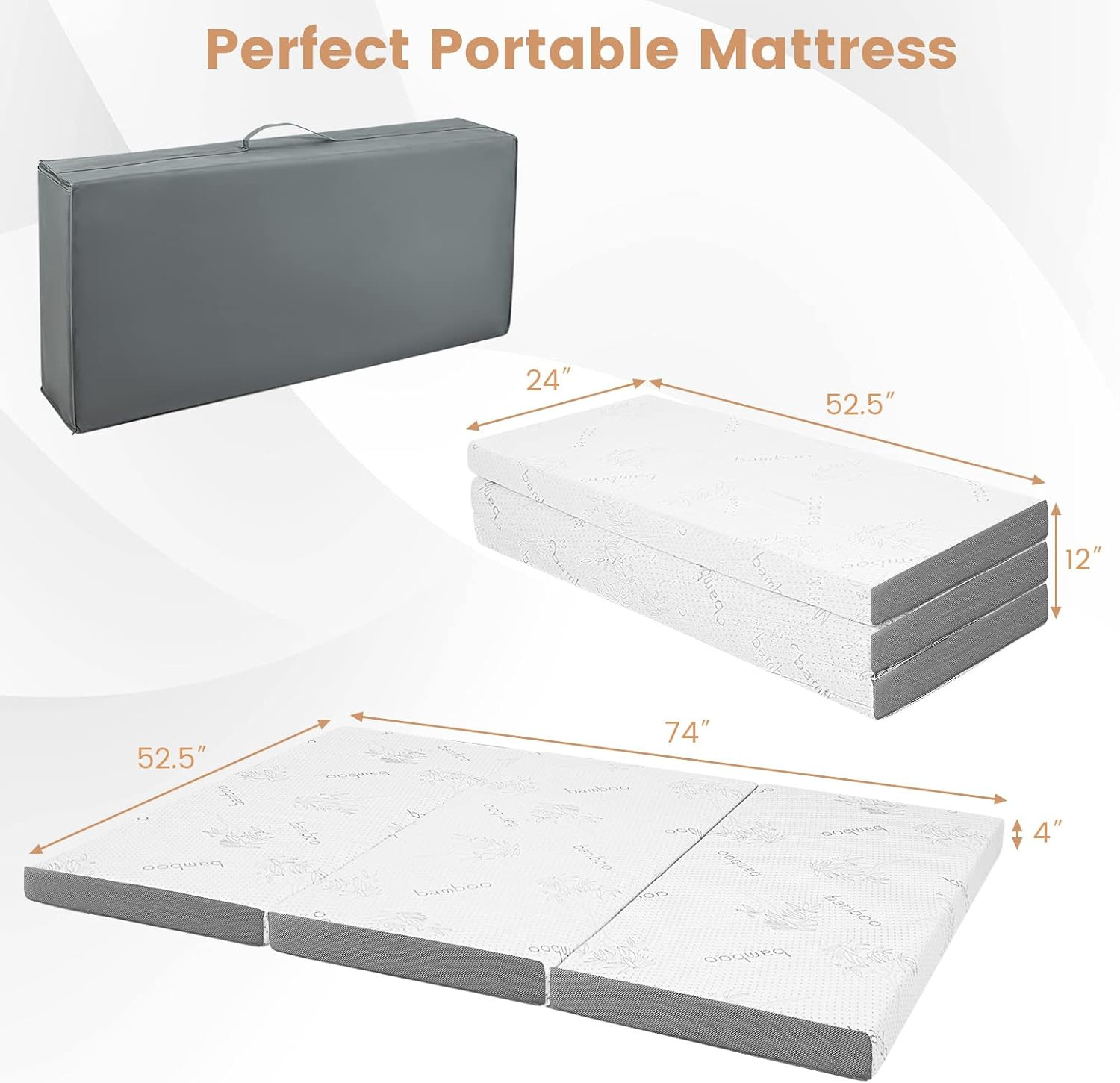 Folding Mattress, 4 Inch Gel-Infused Tri-Fold Mattress with Bamboo Cover & Carry