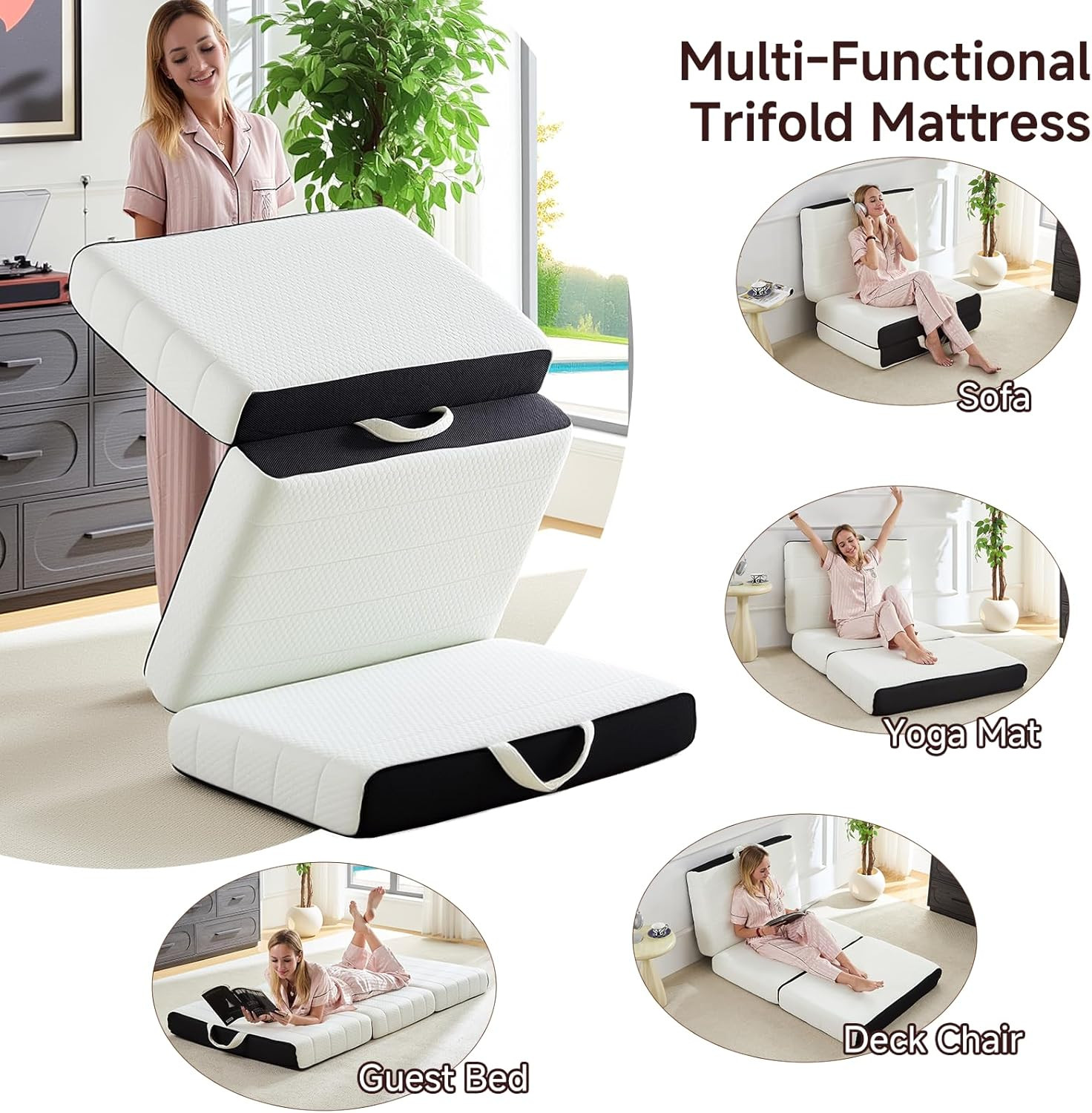 6″ Portable Tri-Fold Memory Foam Mattress with Washable Cover & Non-Slip Base