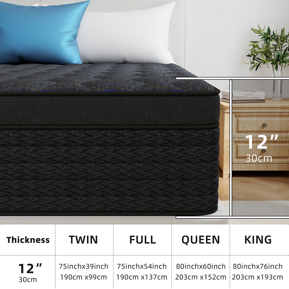 12″ 14″ Hybrid Mattress In A Box Gel Memory Foam Spring Twin Full Queen King