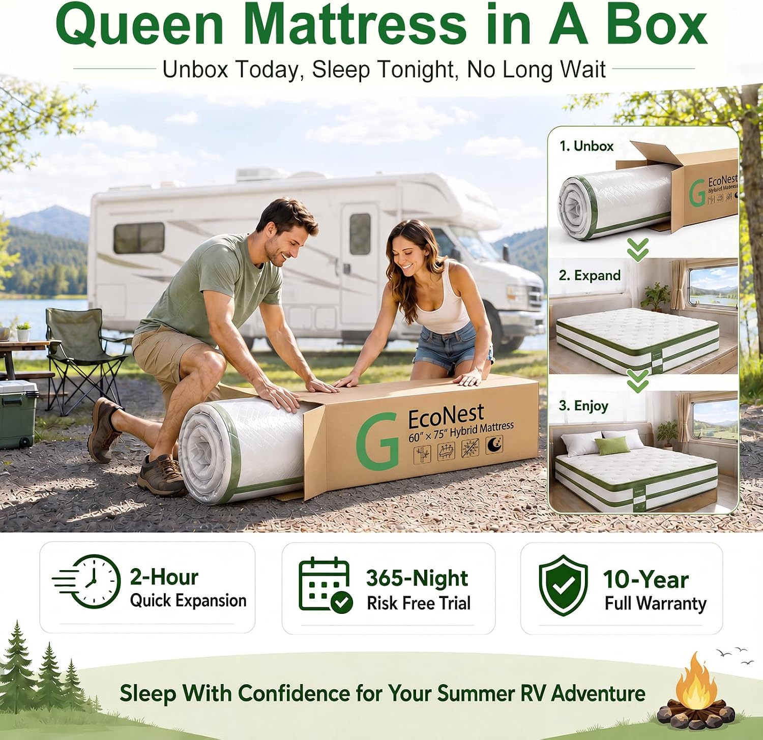 14 Inch RV Mattress Short Queen, Hybrid Memory Foam, Cooling Bamboo