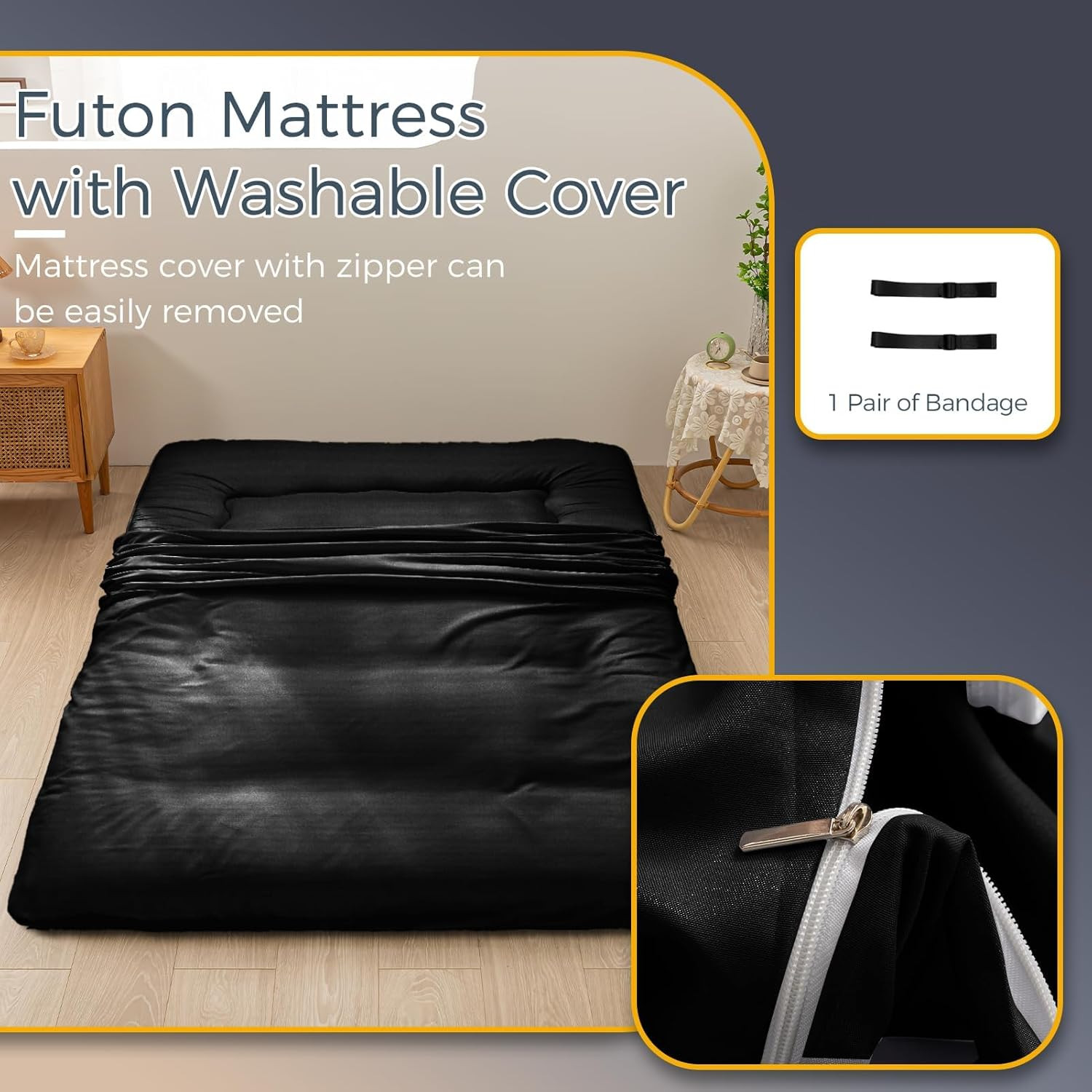 Extra Thick 6″ Japanese Futon Mattress, Foldable Black Floor Bed for Adults