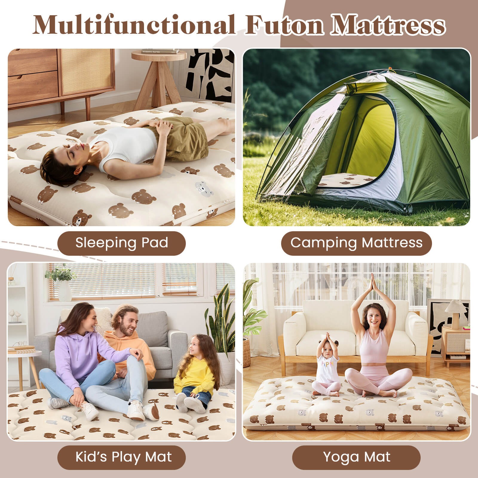 Full Futon Mattress Japanese Sleeping Pad Lounge Bed w/ Washable Cover Brown