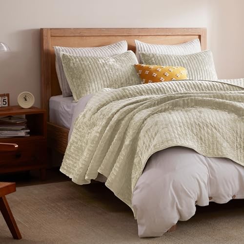 Velvet Quilt Set Full/Queen Size 90”x98”, Lightweight Beige Velvet