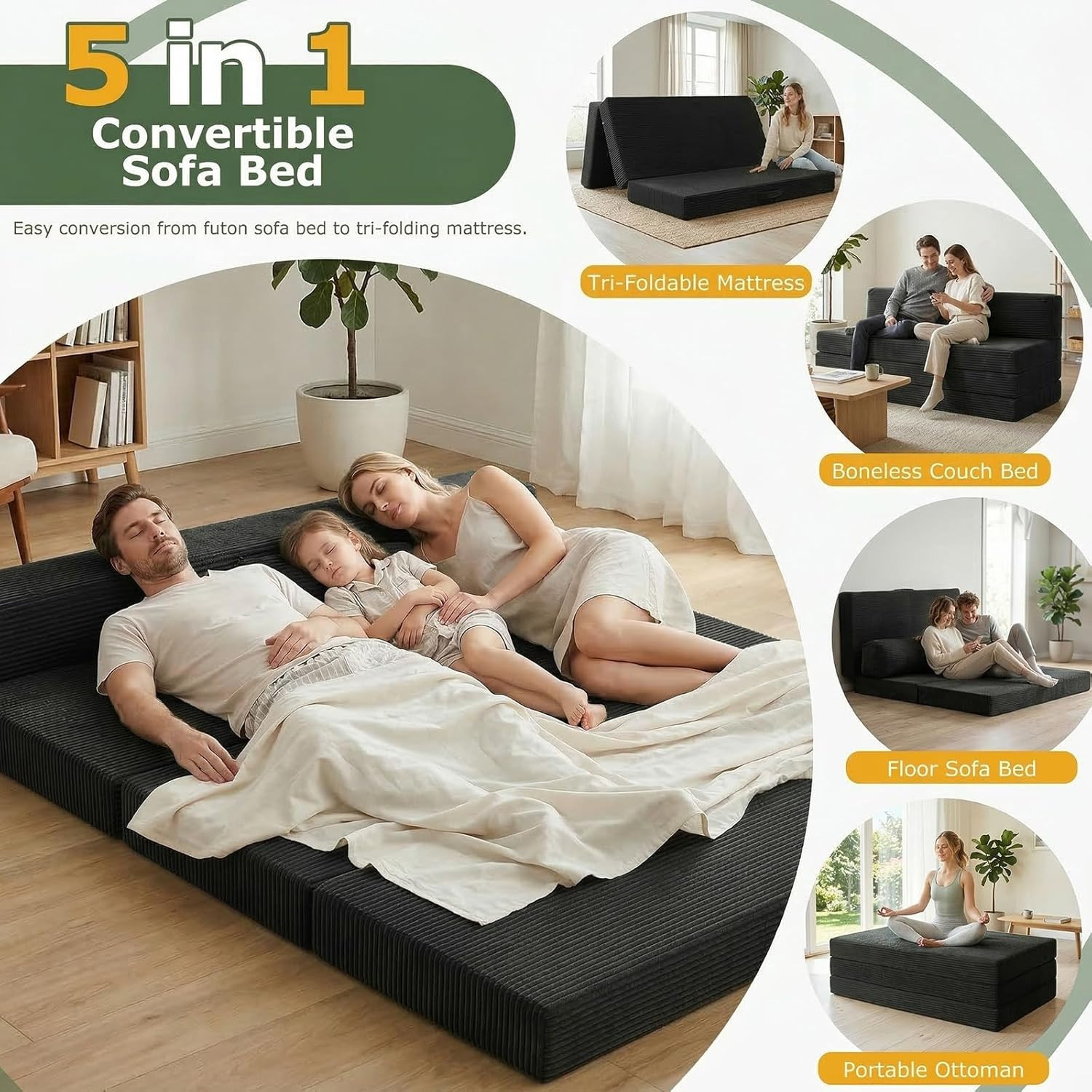 6″ Tri-Folding Full Mattress Sofa Bed, Washable Cover, High-Density Foam, Black