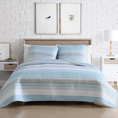 Coralinn Striped 3-Piece Quilt Set – Lightweight – All Full/Queen Blue Gray