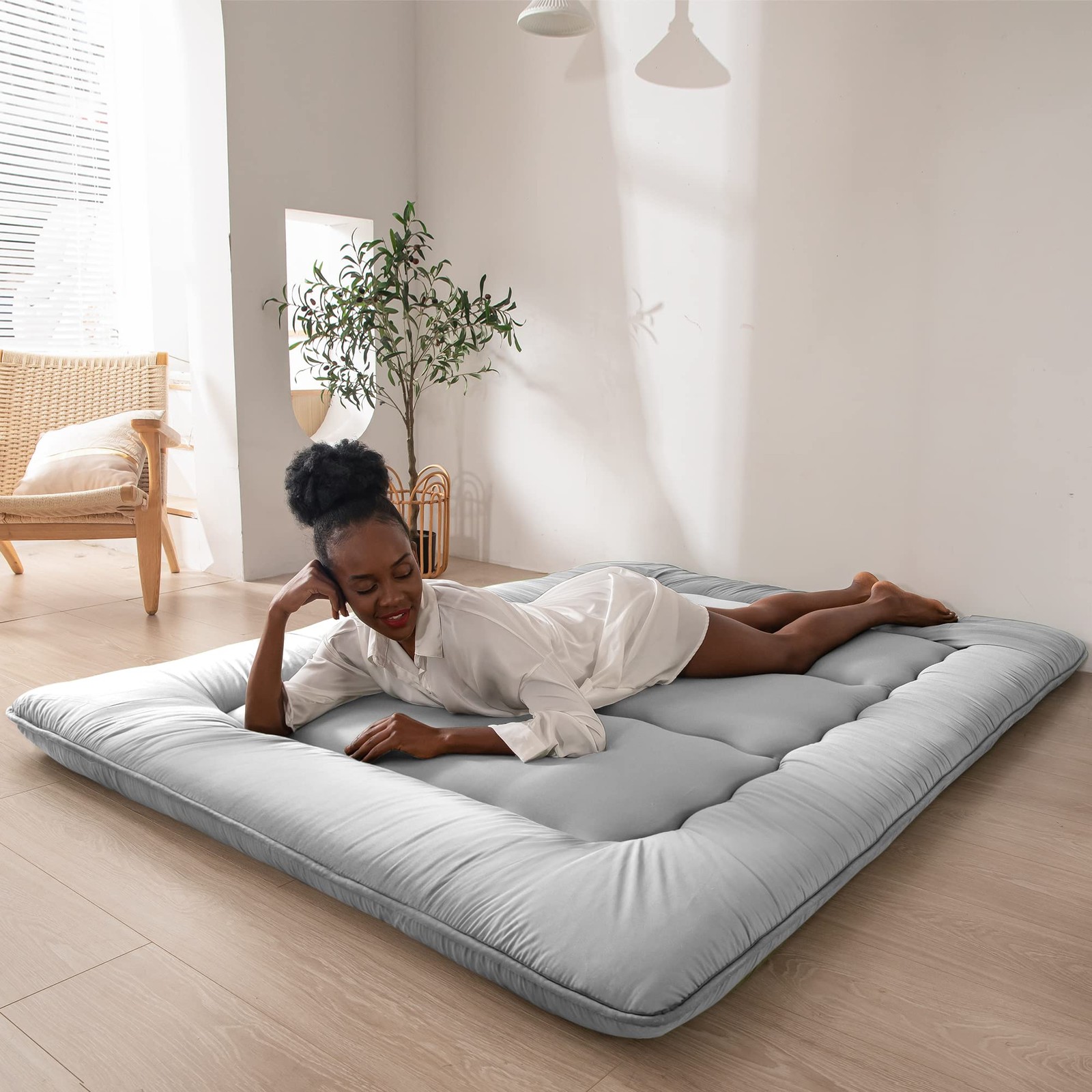 Japanese Floor Mattress Futon, Foldable Sleeping Pad, Kids Dorm Bed, Grey Full