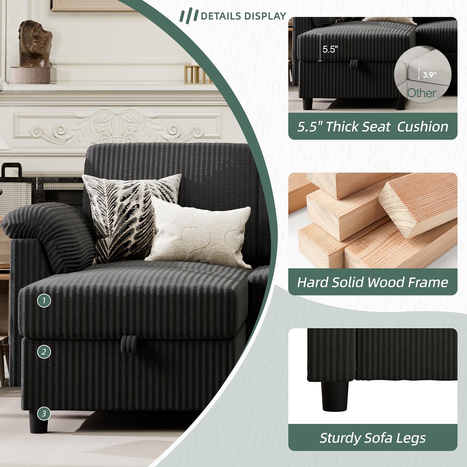 Vongrasig 79″ Convertible Sectional Couch Sofa with Storage Ottoman, 3 Black