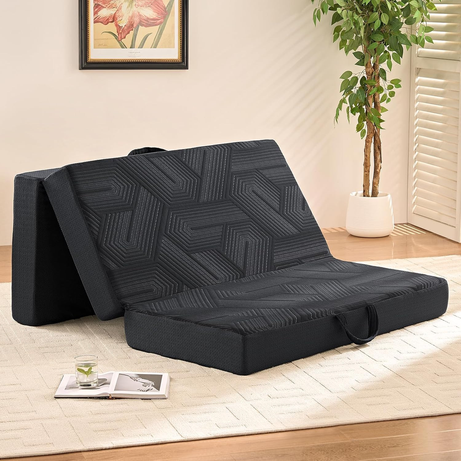 4″ Memory Foam Trifold Mattress – Portable, Washable, Non-Slip, Black
