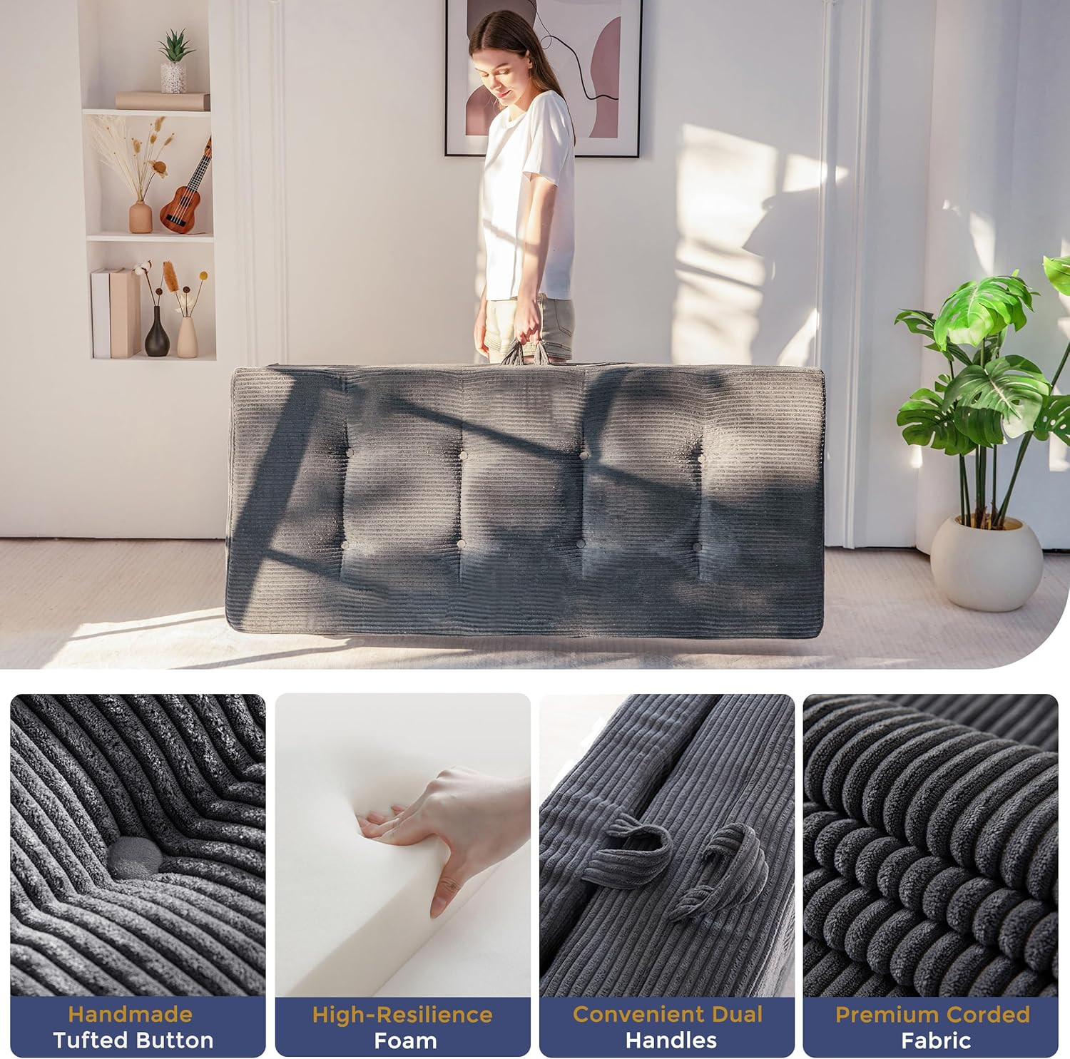 4-Inch Folding Mattress – Portable Tri-Fold Bed for Guests, Dark Grey