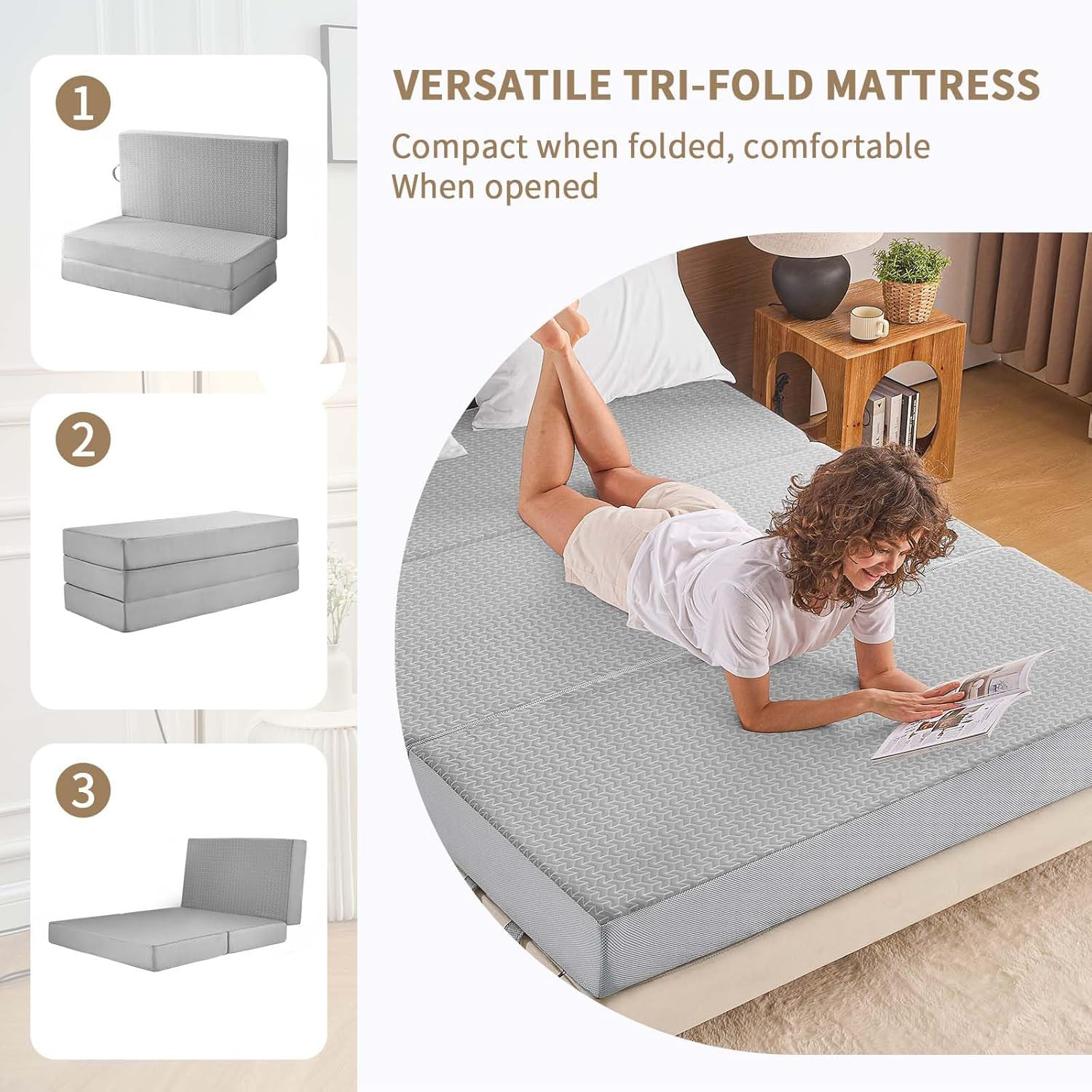 Portable Folding Mattress, 6″ Memory Foam Tri-Fold Bed for RV & Guests, Grey
