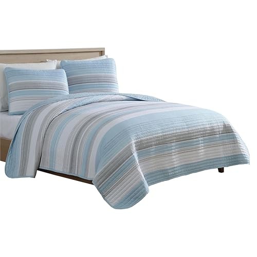 Coralinn Striped 3-Piece Quilt Set – Lightweight – All Full/Queen Blue Gray