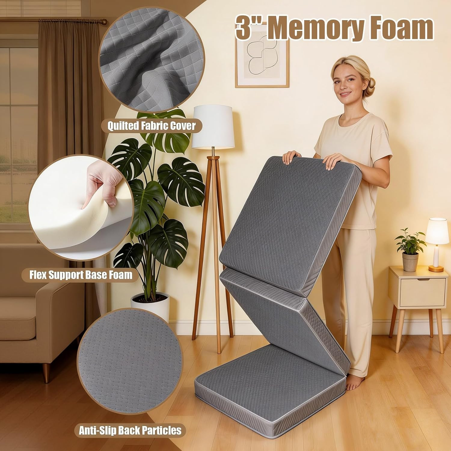 Portable Tri-Folding Mattress Topper, 3″ Queen Bed for Travel & Camping