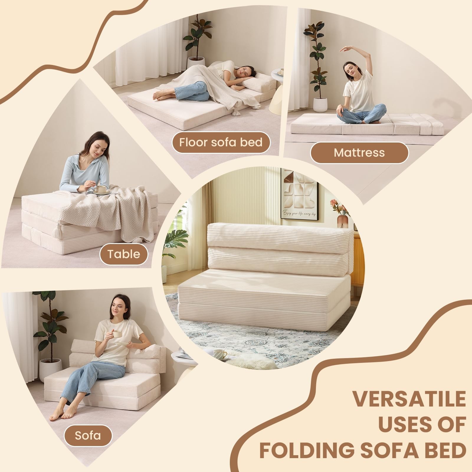 JUIKURY Folding Sofa Bed, Convertible Sleeper Chair with Pilow Full, Beige