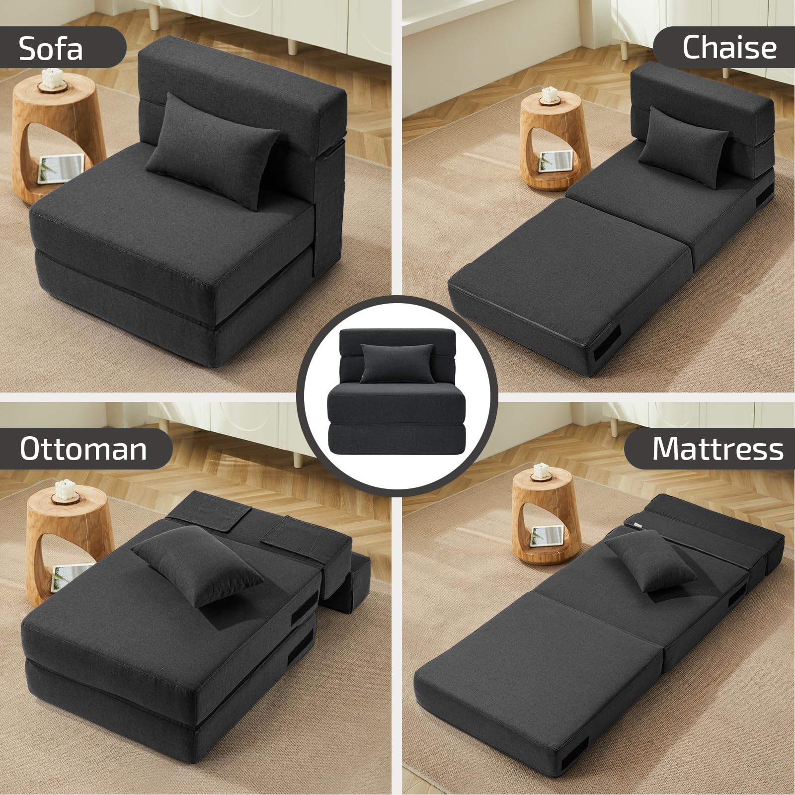 SUYOLS Folding Sofa Bed with Pillow- Convertible Single(26″ width), Dark Gray
