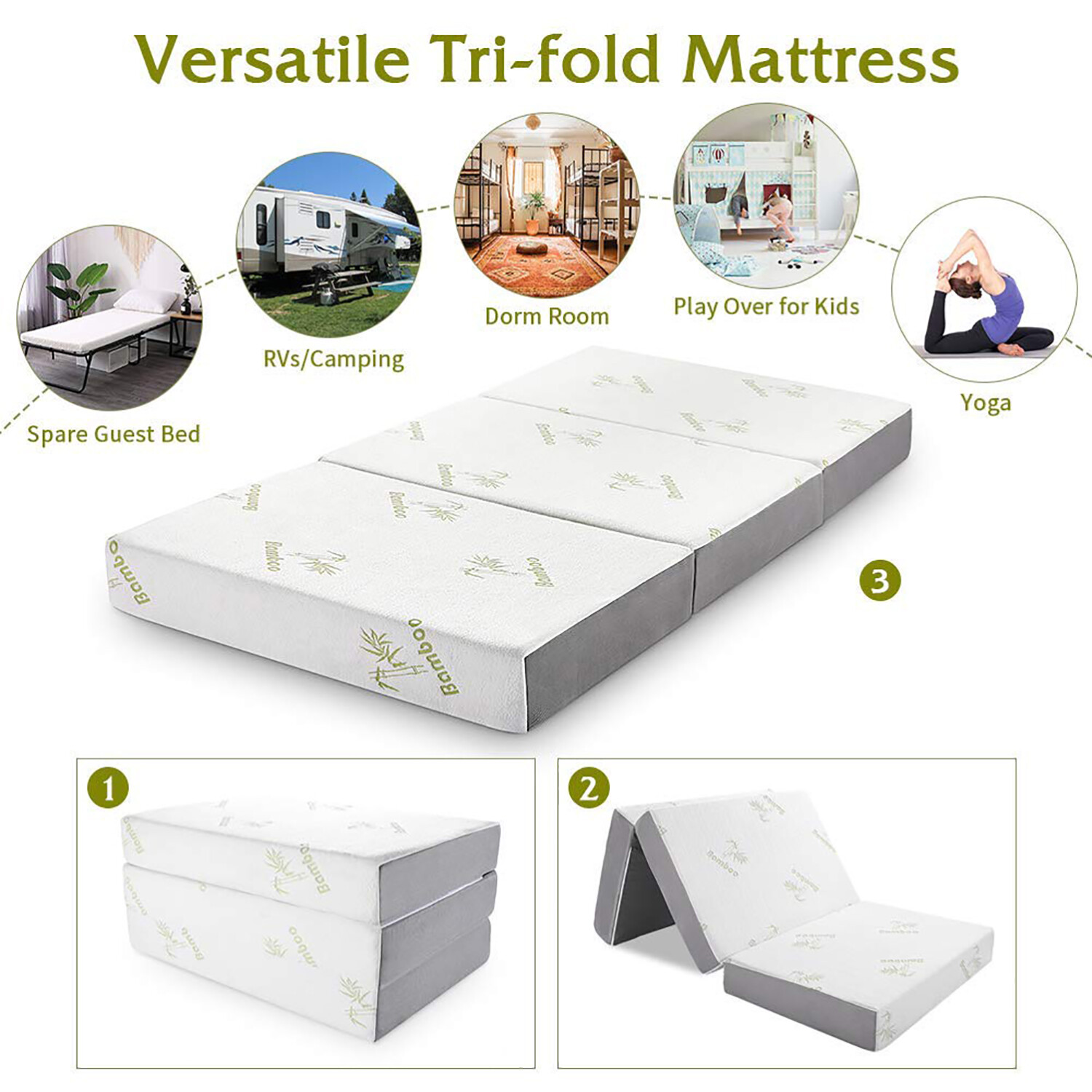 6″ Tri-Fold Matress Folding Mattress Memory Foam Plush Firmness Removable Cover