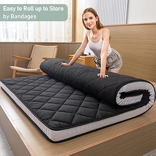 Japanese Floor Futon Mattress Size, Floor Bed for Adults, Roll Up King Black