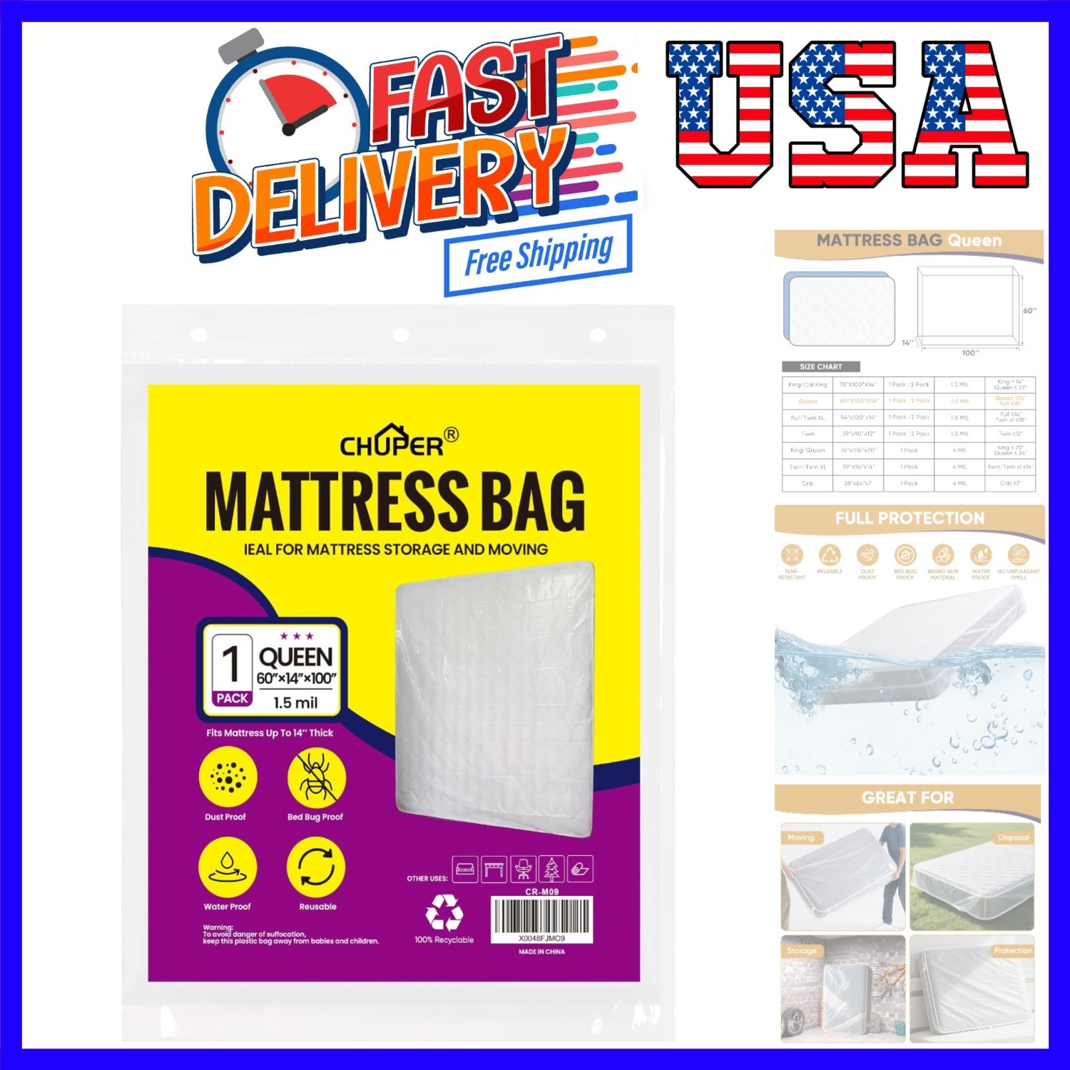 Queen Mattress Bags for Moving and Disposal – Waterproof Plastic Queen Mattre…