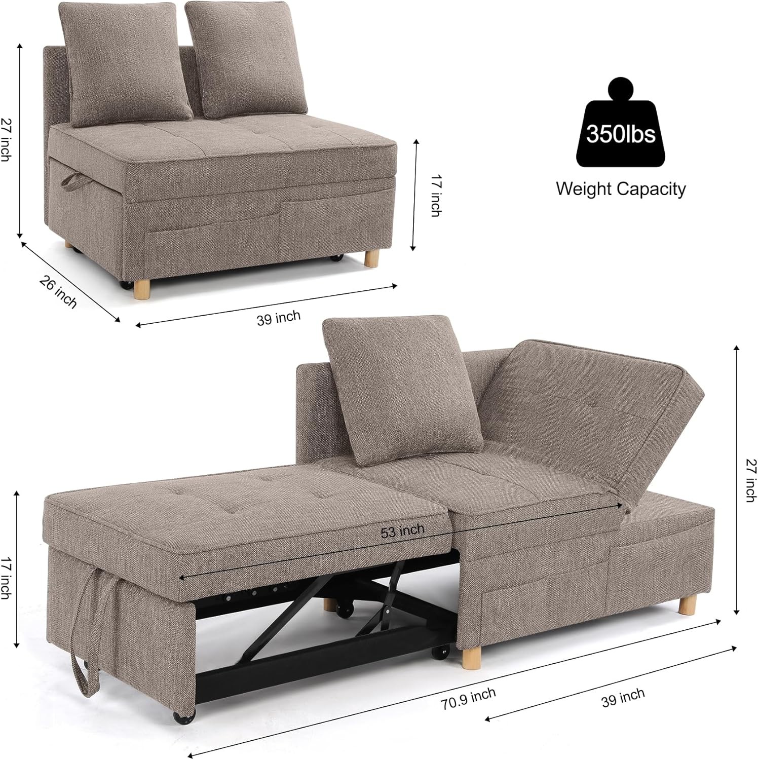 Sofa Bed Chair 4-in-1 Convertible Chair Bed, 3-Seat Linen Fabric