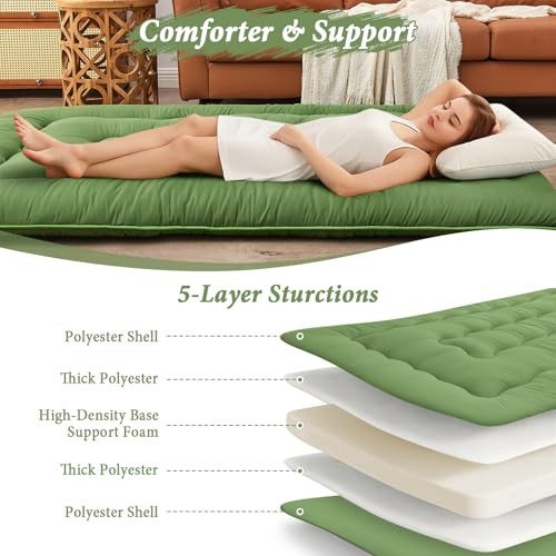 Japanese Floor Mattress, 4” Thicken Futon Mattress Tatami Mat, Queen Green