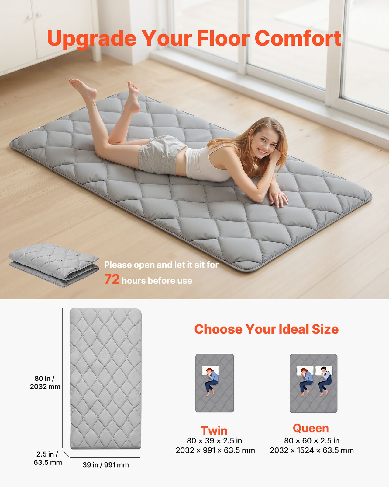 VEVOR Japanese Tatami Mat Twin Foldable Futon Mattress with Storage Bag Gray