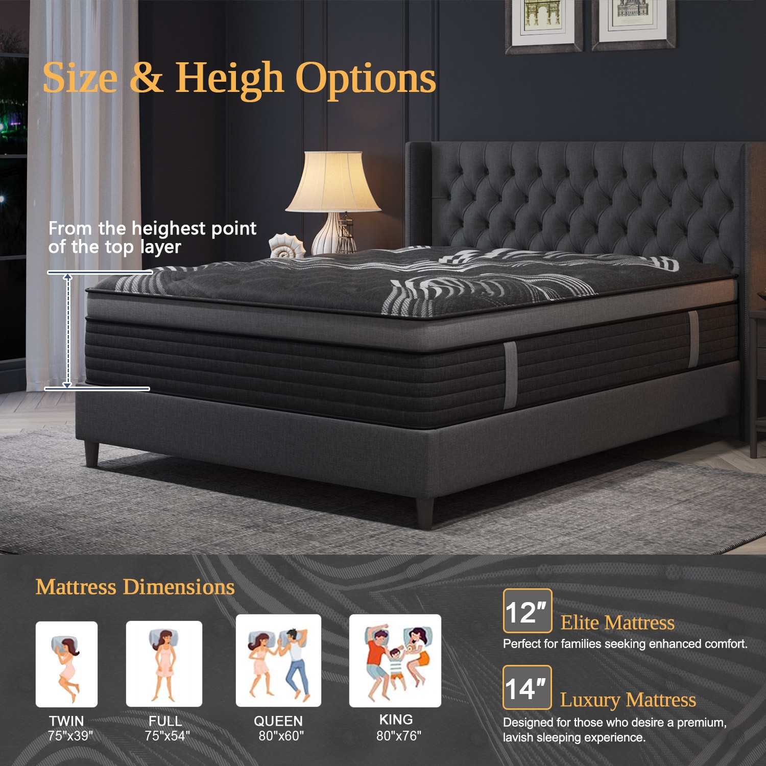 12″ 14″Twin Full Queen King Size Gel Memory Foam Spring Mattress In A Box