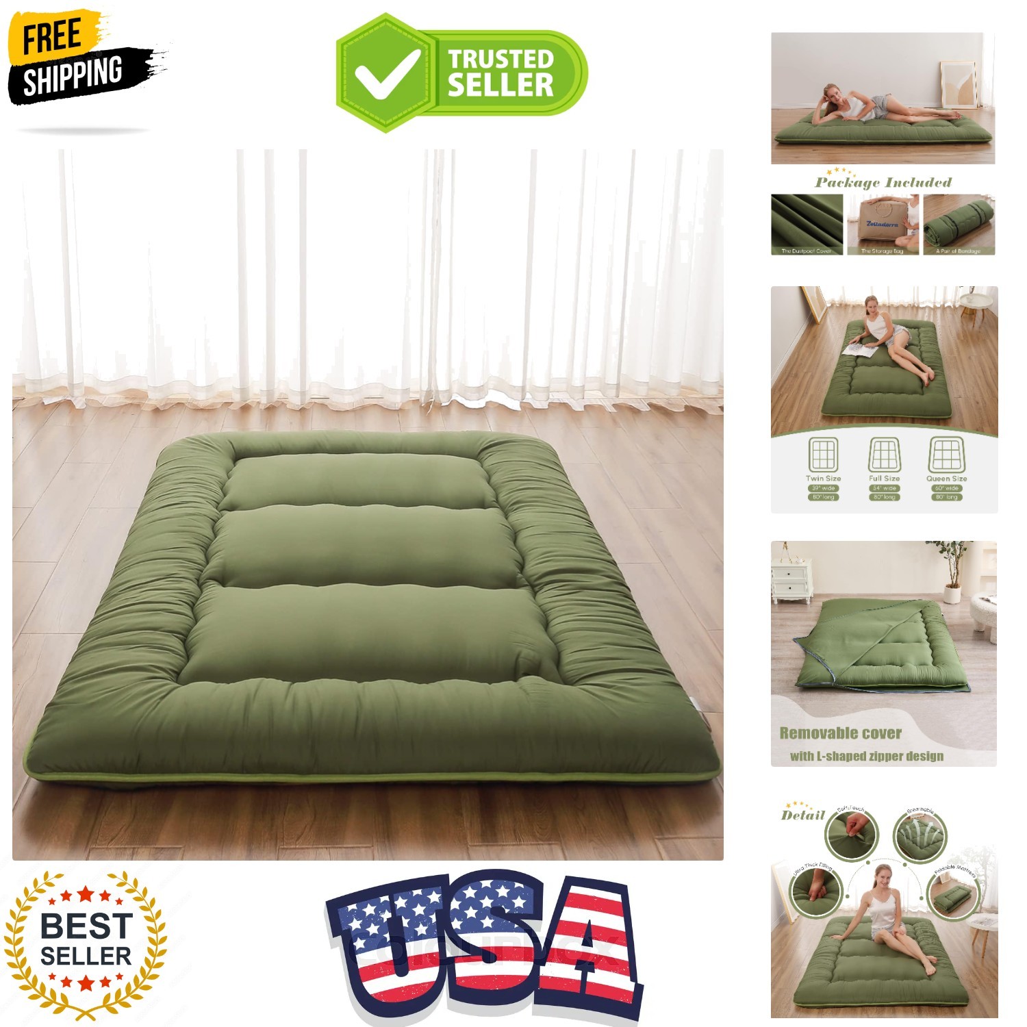Japanese Floor Mattress, Futon Mattress with Portable Storage Bag and Washabl…