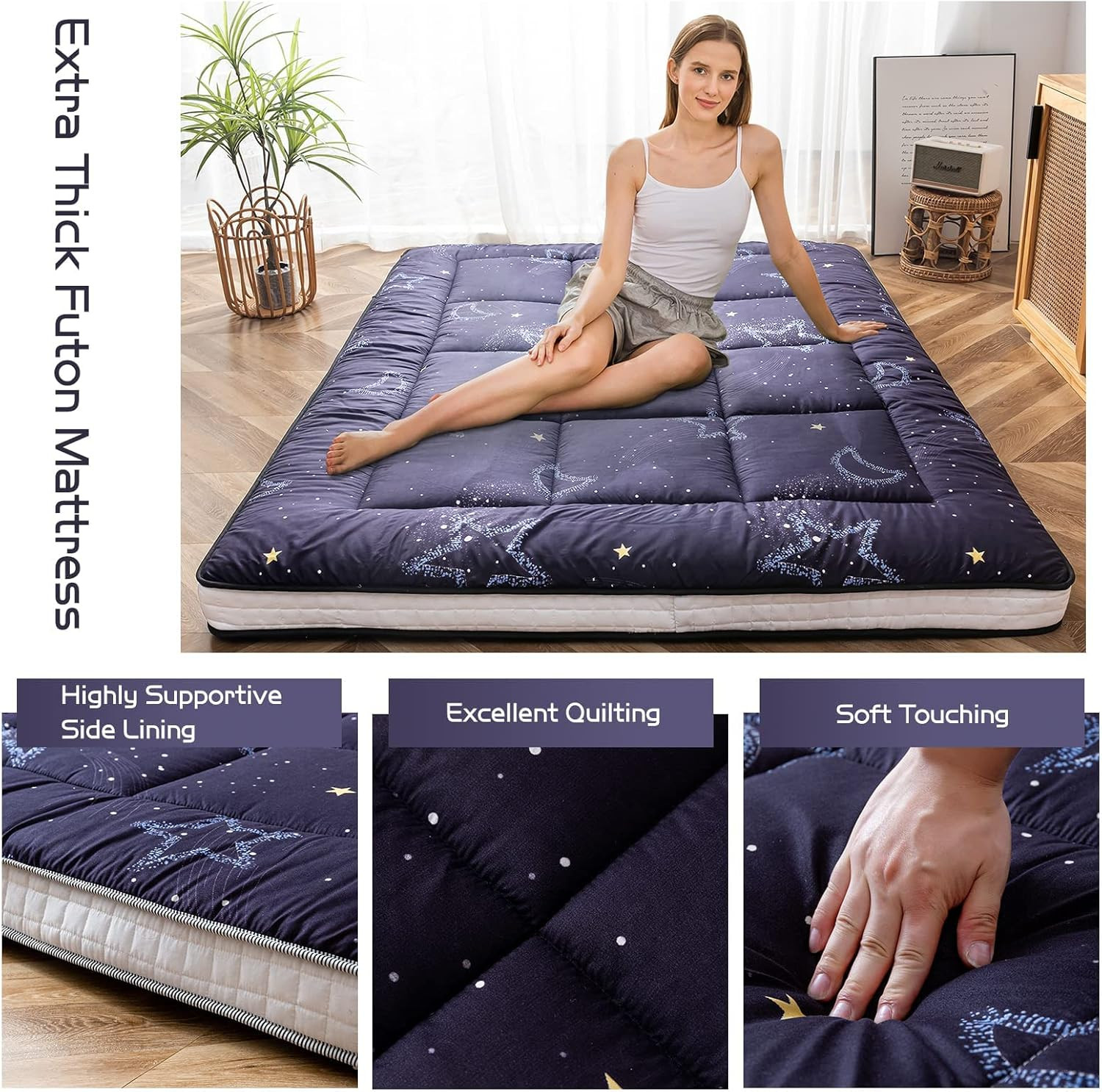 Black Moon and Star Futon Mattress, Japanese Floor Mattress Quilted Bed Mattress