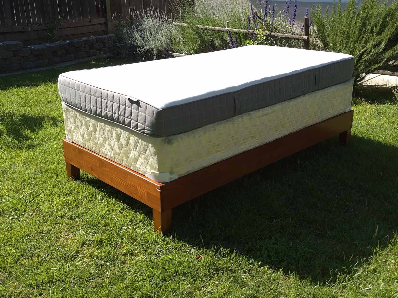 Twin Firm Quilted Mattress White Gray Beige Fabric Cover with a Wooden Bed frame